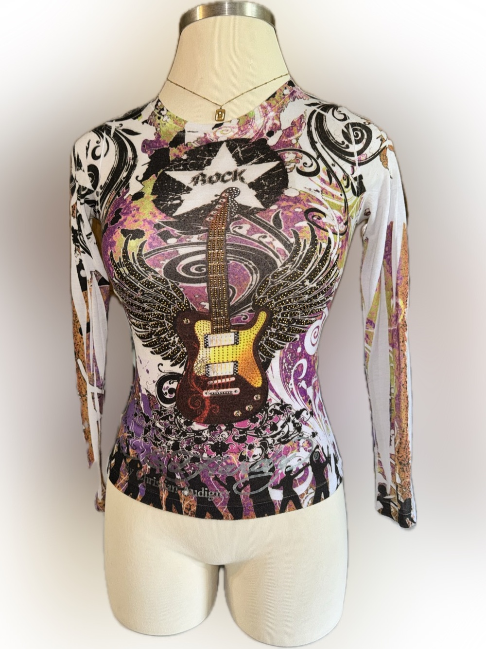 2000s Christian Audigier Ed Hardy White multi color graphic Long Sleeve T